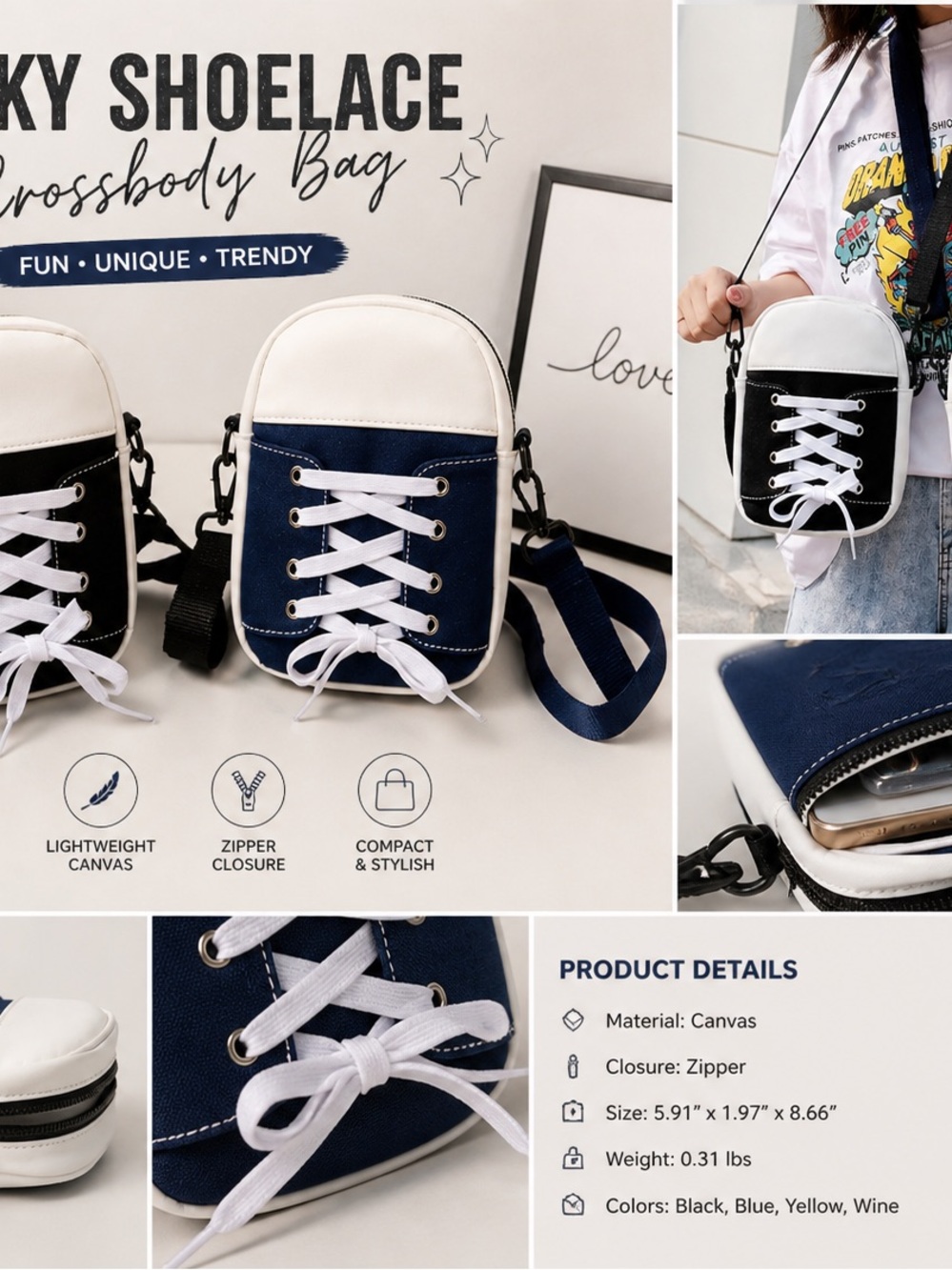 Shoelace Crossbody Bag Sneaker Style Canvas Purse Navy or Black Cute Trendy - Picture 8 of 8